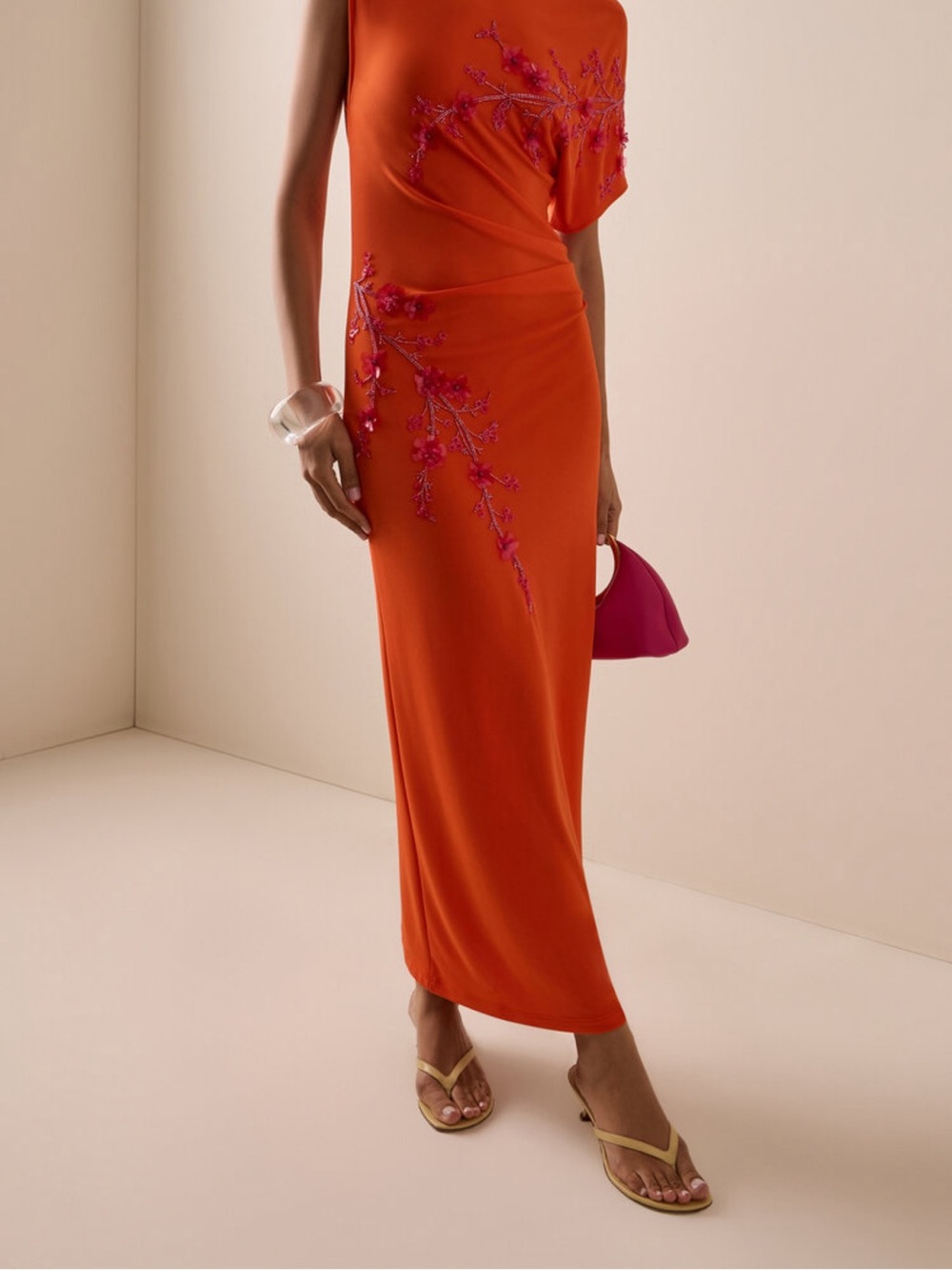 Orange Maxi Dress with Pink Floral Embroidery